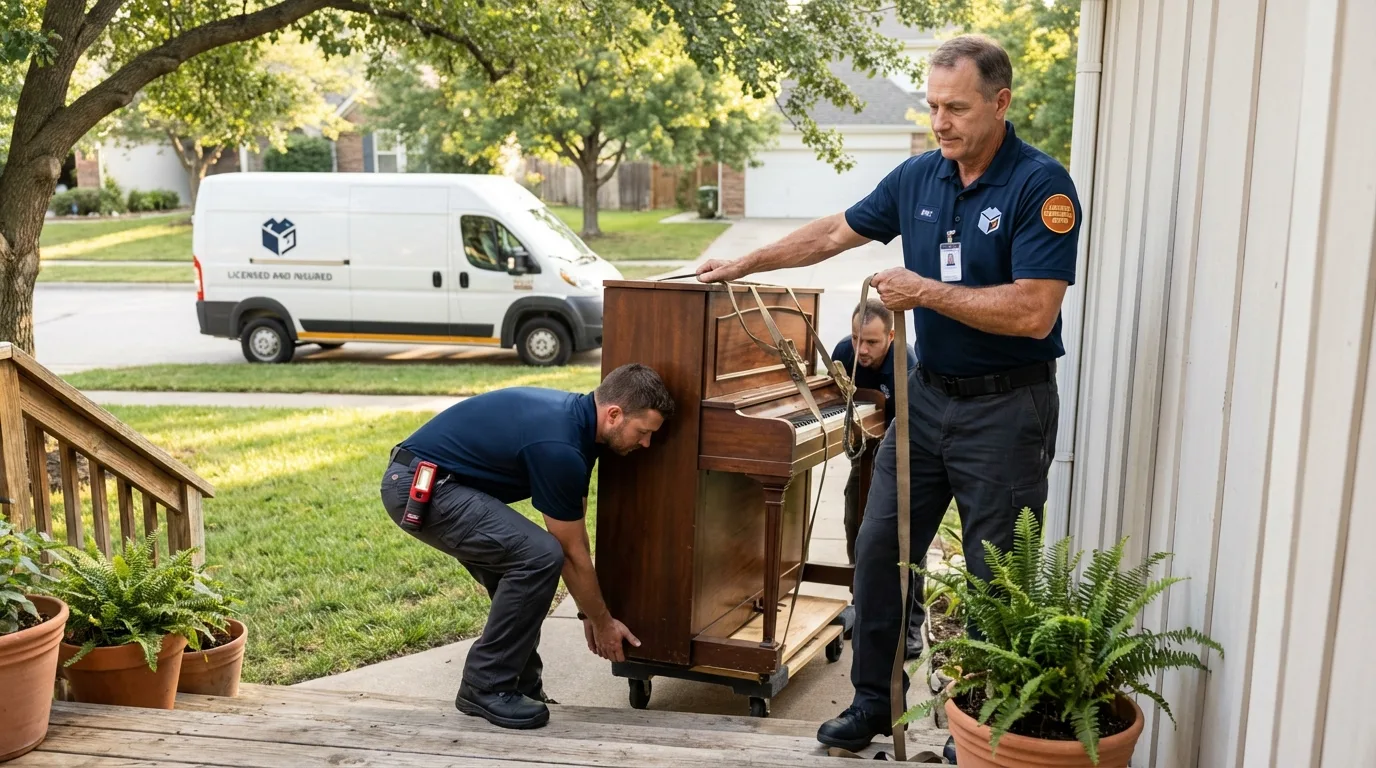 Licensed piano movers securing grand piano in Greenfield, MA