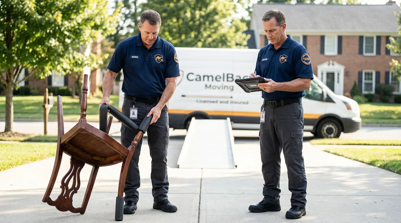 Movers inspecting furniture for damage prevention before loading in Greenfield, MA
