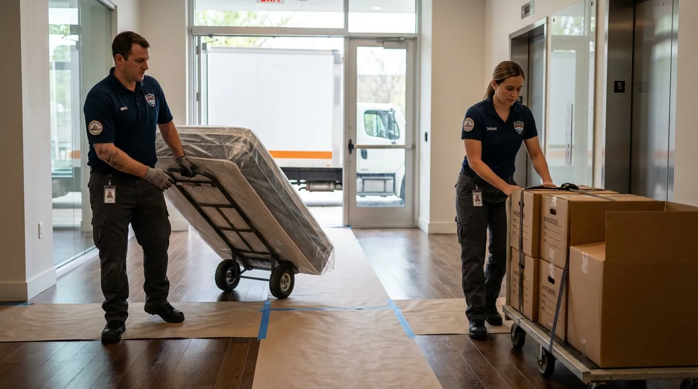 Professional apartment movers loading elevator in Greenfield, MA