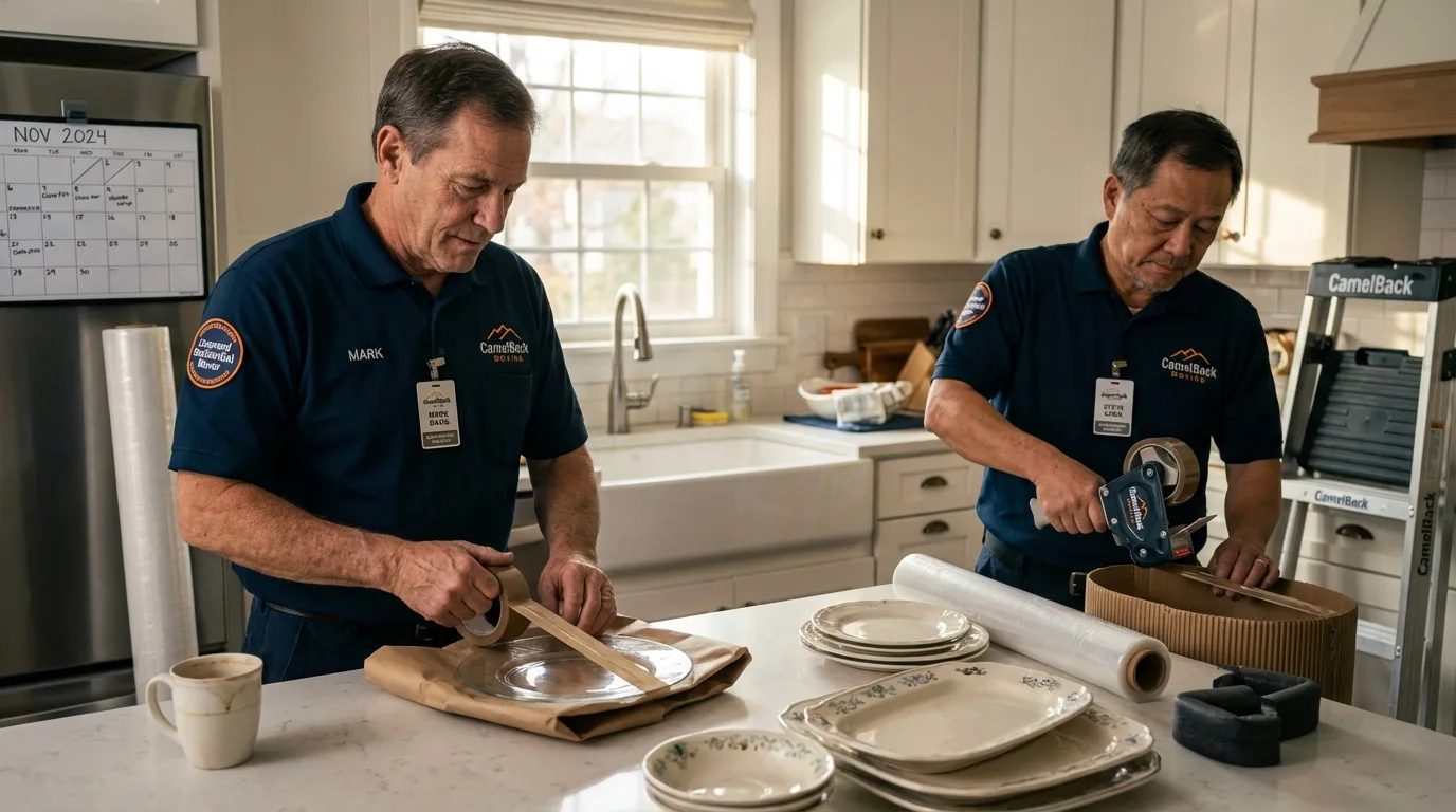 Professional crew packing kitchen dishware in Greenfield, MA